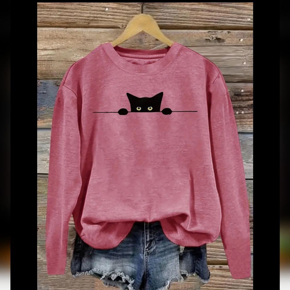 Black Cat Print Long-Sleeved Crew Neck Casual T-Shirt Sz XXL (14)